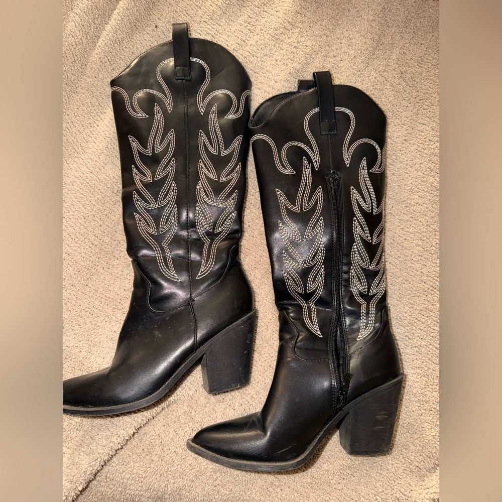 Fashion Nova Black Embroidered Heeled Boots